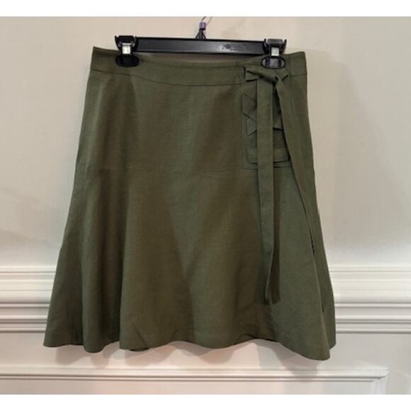 Ann Taylor Skirt A Line Womens Size 4 Linen Lined Olive Green Side Lace Up Sash - Picture 1 of 7